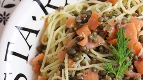 Spaghettis au saumon et lentilles