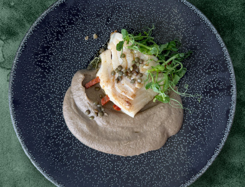 Pavé de cabillaud clouté de chorizo de Haute-Loire, Purée de Lentille Verte du Puy